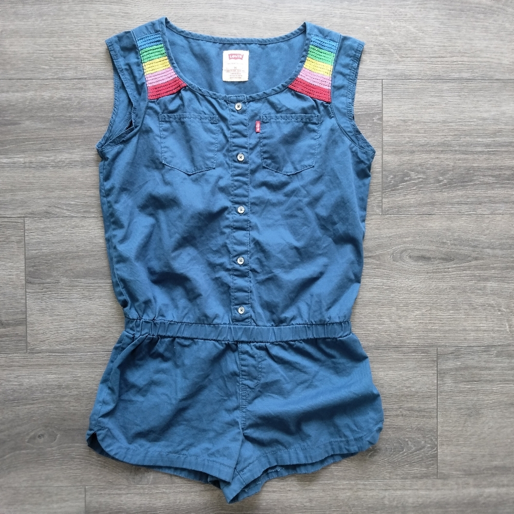 Levi's Girls Navy Blue Sleeveless Rainbow Embroidered Shorts Romper Size XL